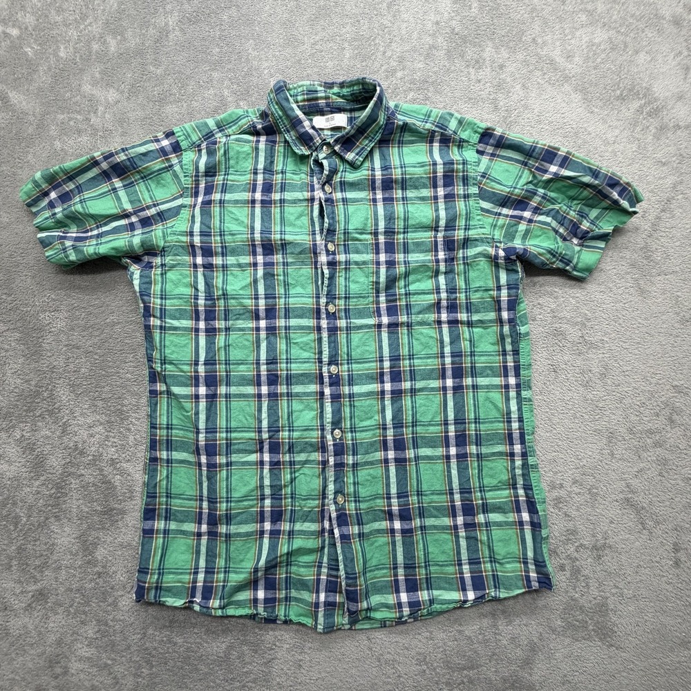 Uniqlo Shirt Mens L Green Plaid‎ Button Up Short Sleeve Lightweight Linen Cotton